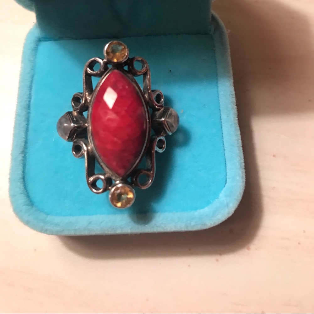 Silver Ring With Rough Cut Ruby And Two Small Cit… - image 1